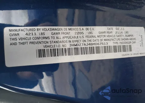 2011 Volkswagen Jetta 2.5L Se из США, поврежденный, VIN 3VWDZ7AJ4BM067513